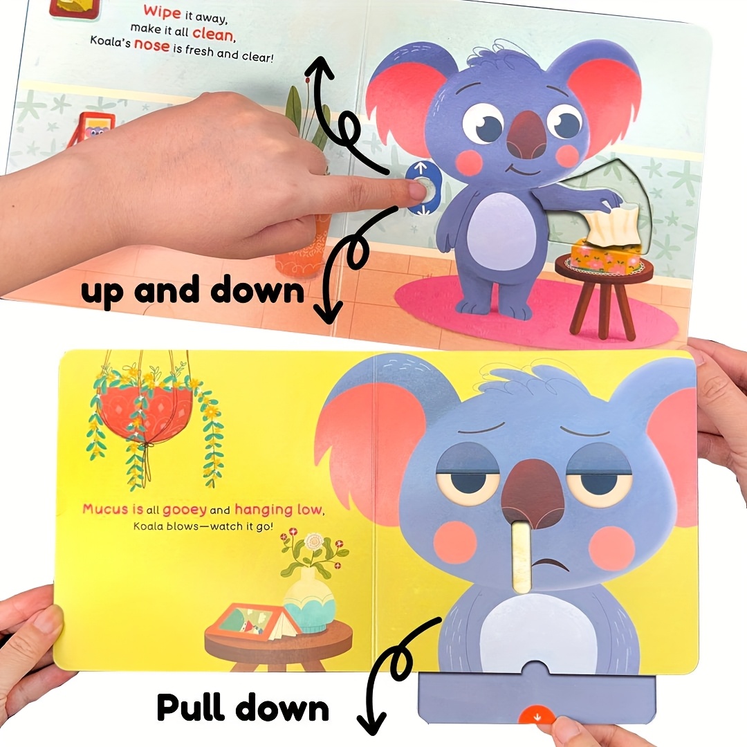 Baby busy book, Sneeze and Sniffle, Cultivates Good Hygiene Habits & Independent Operation Skills Fun Mechanical, Lift-the-Flap Books, interactive sensory book, clean habit, daily routine, english early learning, good behavioral habits in children, improve independent ability, fun mechanical books, hands-on ability, Christmas & Birthday Present, push and pull, kaola, lion, dianosaurs, sheep, farm cow, elephant, rooster, animals series.
