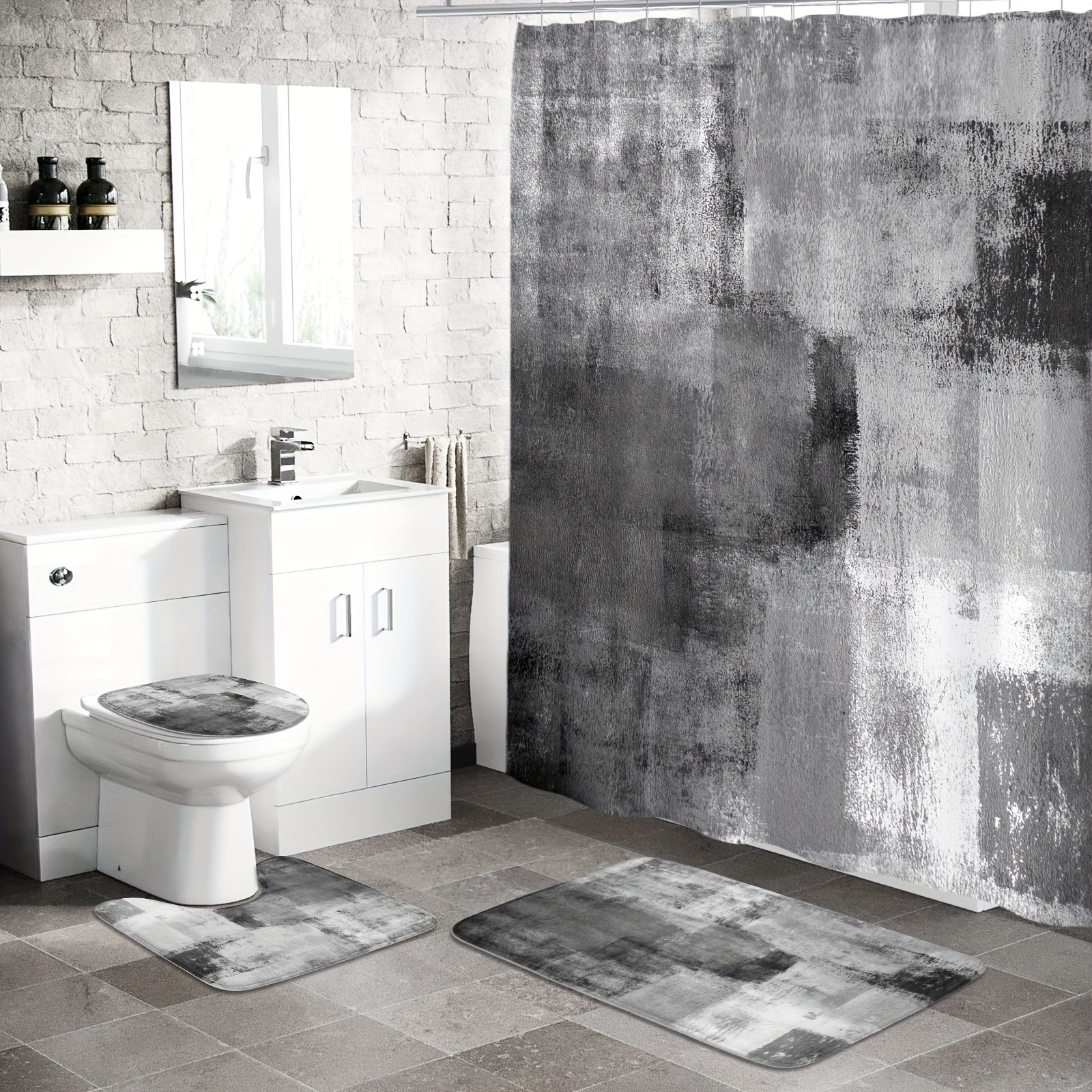 

4pcs Ombre Shower Curtain Sets With Rugs For Bathroom Decor, Abstract Grey Bathroom Sets With Shower Curtain And Rugs And Accessories, Rustic Grunge Bathroom Curtain Set With Mats