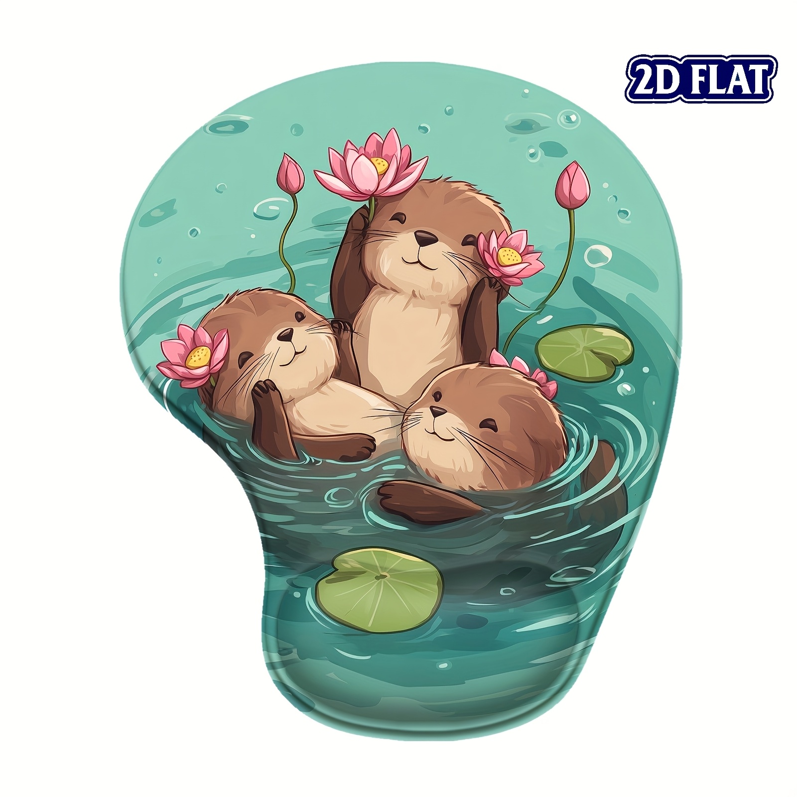 TEMU Tapis de souris de soutien avec bracelet en silicone à motif de loutres charmantes 2D plates avec lotus (8,98x7,56 pouces) - Ergonomique en PU