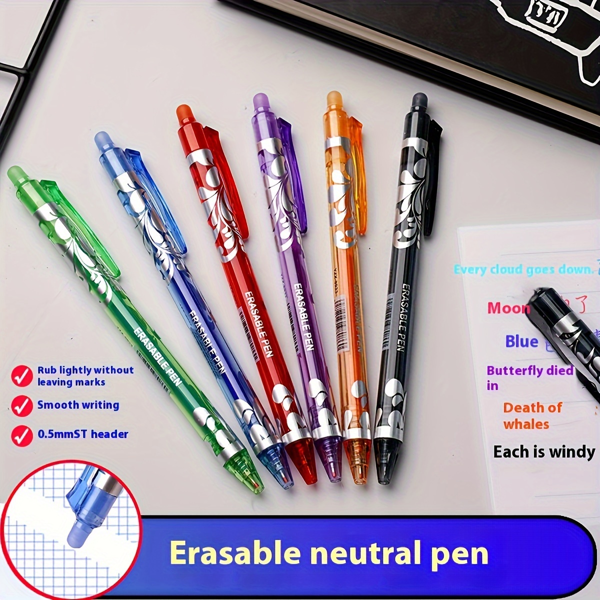 

6pcs Erasable Gel Pens, 0.5mm , Retractable Ballpoint Pens With Oval Grip, Assorted Colors - Students & Everyday Use