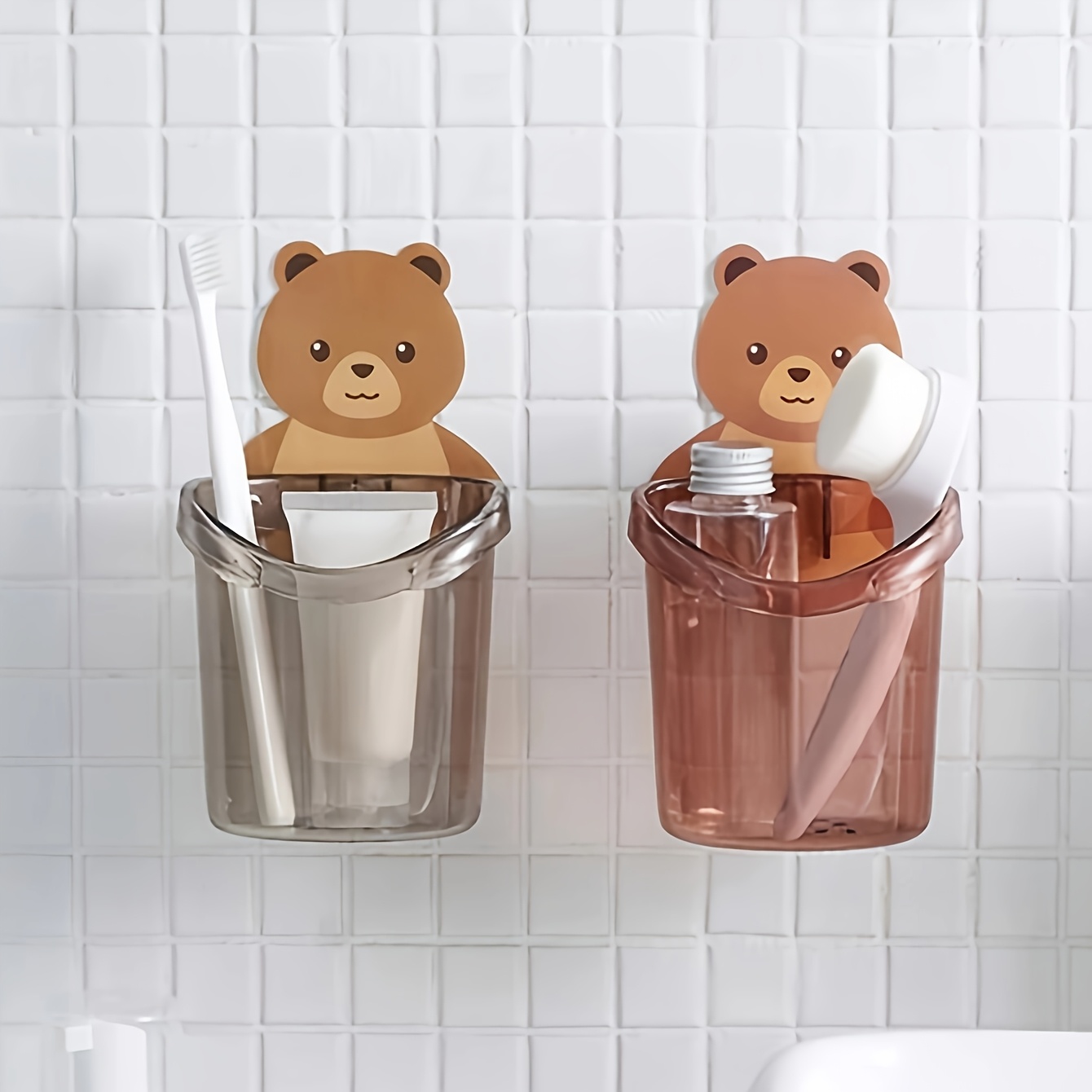 E-shop 2-teiliges Badezimmer-Bären-Zahnbürsten-Set mit Wandhalterung, Zahnpastahaushalter & Aufbewahrungsbox für Zubehör