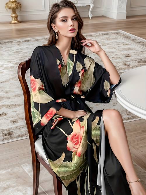 elegant floral print silky lounge robes three quarter sleeve kimono robe with belt womens loungewear sleepwear