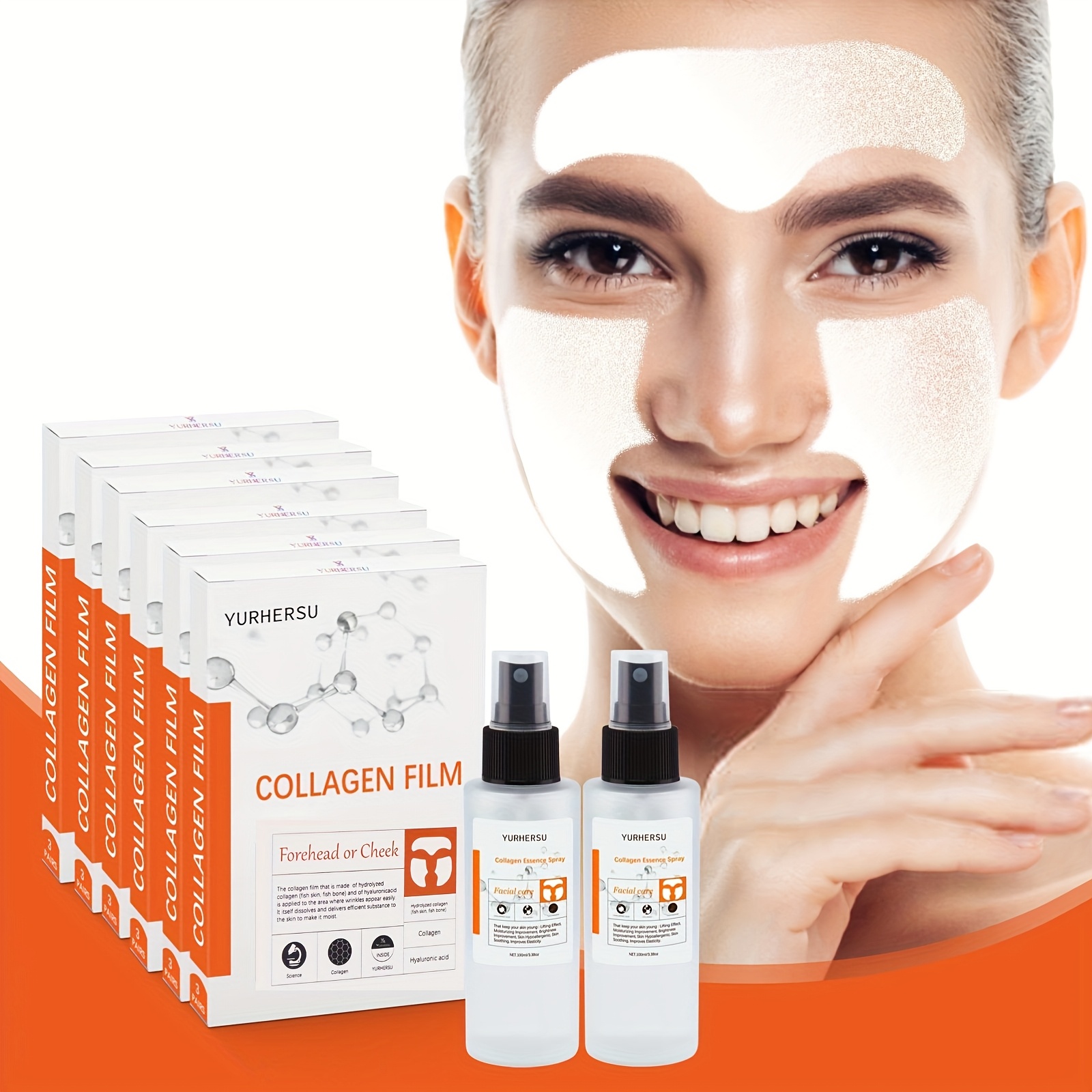   six box 18pcs collagen membrane 100ml 2 collagen   spray combination water soluble and light beige friendly   permeates and replenishes water   light beige smooth and   replenishes water and prevents light beige   0