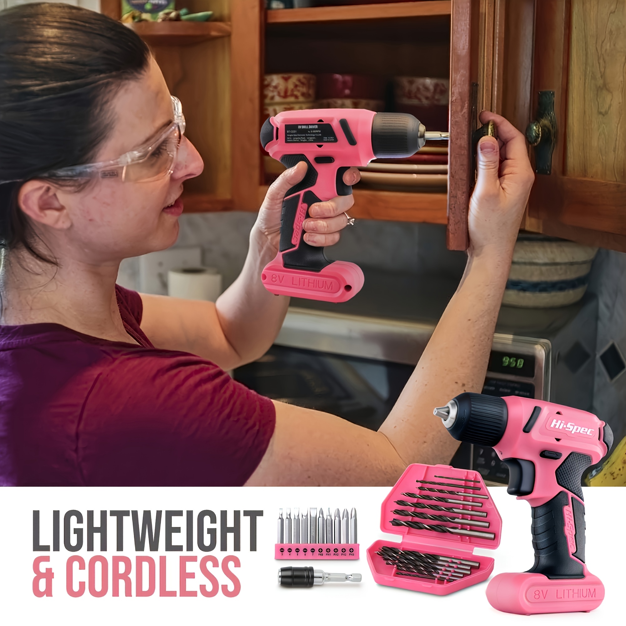 pink screwdriver 58in1 rechargeable electric screwdriver set 8v household electric drill pink multifunctional toolbox power tool sending mom girlfriend and gifts Product details 6