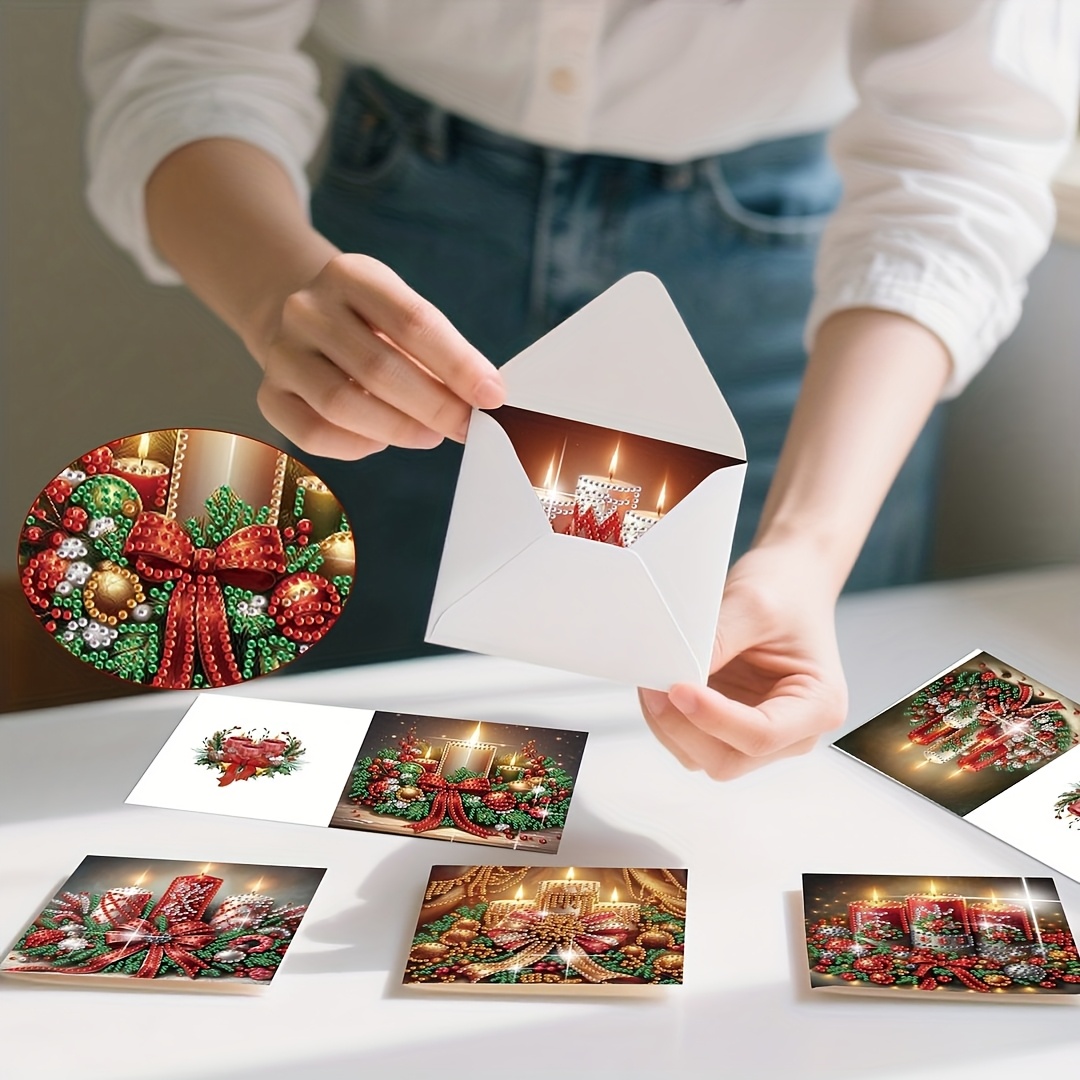 TEMU Set Of 6 Diamond Painting Greeting Cards Featuring A Christmas Candle Design