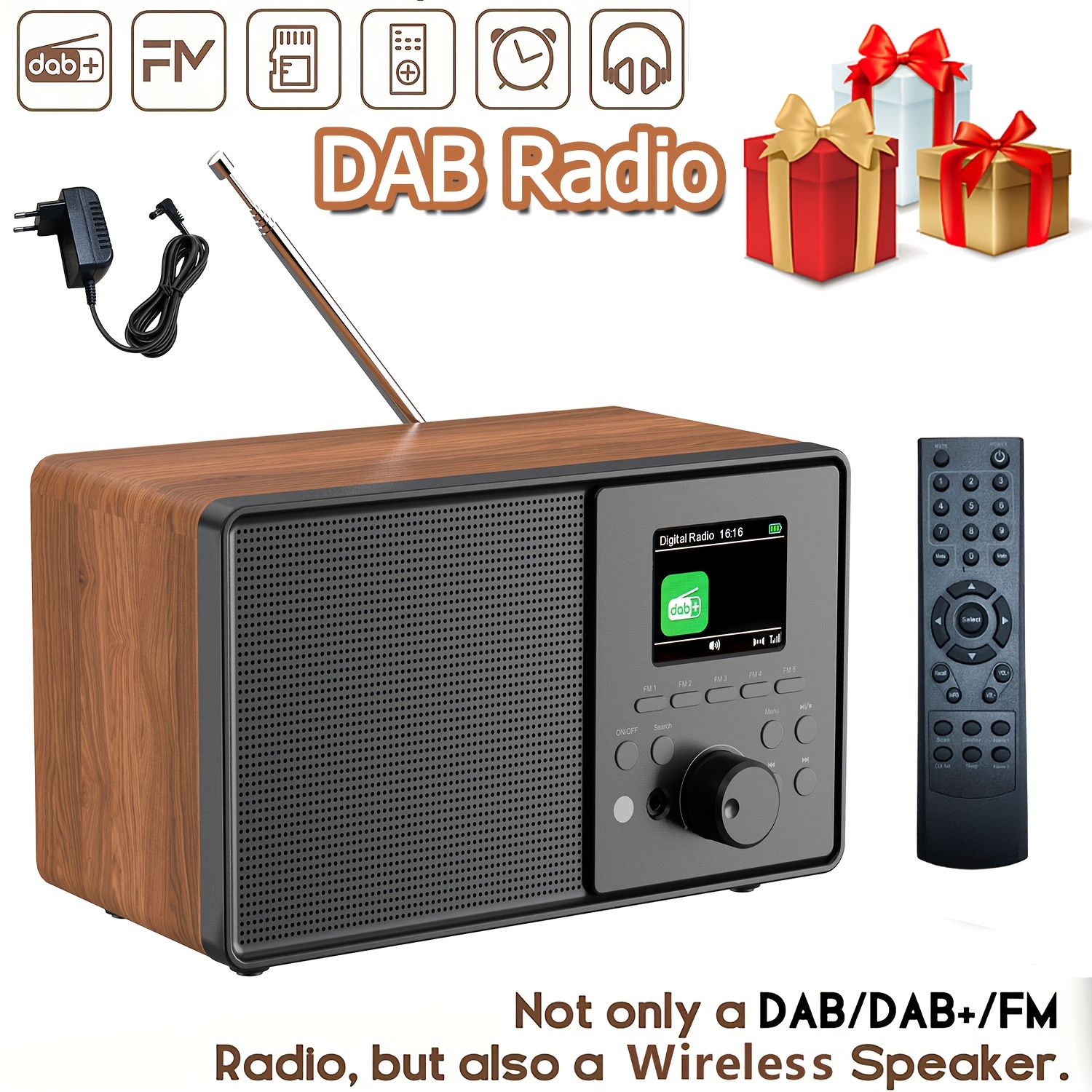 Image of Kitchen Radio Dab Radio With Remote Control, Dab Radio With Wireless, Dab , Vhf, Tft Colour Display, 60 , 40 Watt, Usb, Mp3 Player, With Alarm Clock, Wood Radio