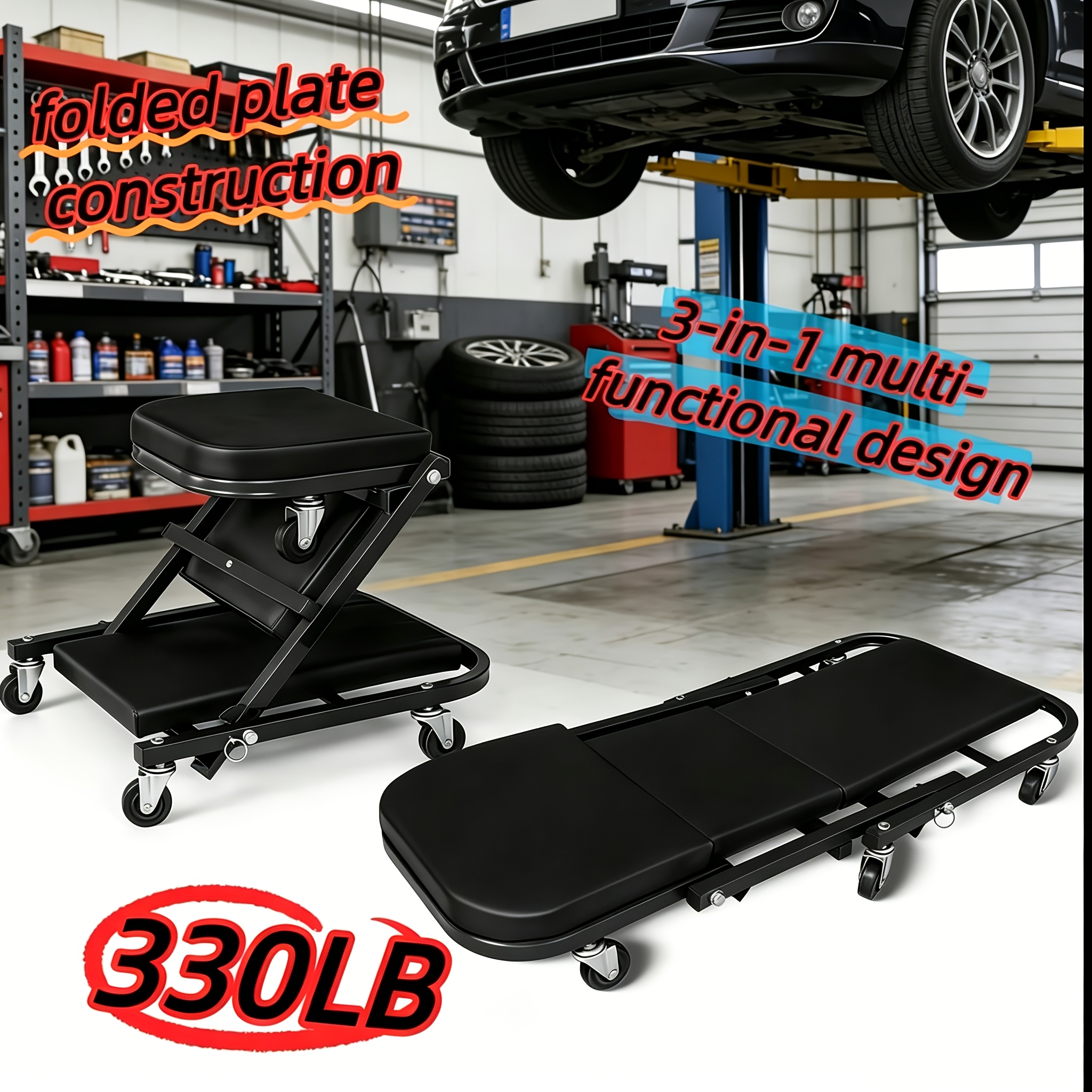 TEMU 36 Inch Foldable Creeper Seat, 2in 1 Rolling Folding Car Creeper/stool, 6pcs 2in Casters, 330 Lbs Weight Capacity, Wheels For Garage, Shop, Auto