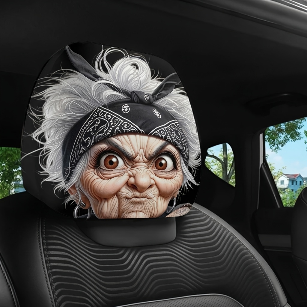 TEMU 1pc Funny Cartoon Granny Printed Car Headrest Covers, Universal Fit, And Wash, Funny Car Interior Decoration, Ideal For Family Road Trips