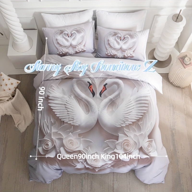 3pcs white rose quilt set   swan lovers love bedding set romantic rose print lovers bedding 1 quilt cover and 2 pillowcases   cool and comfortable machine washable Product details 2