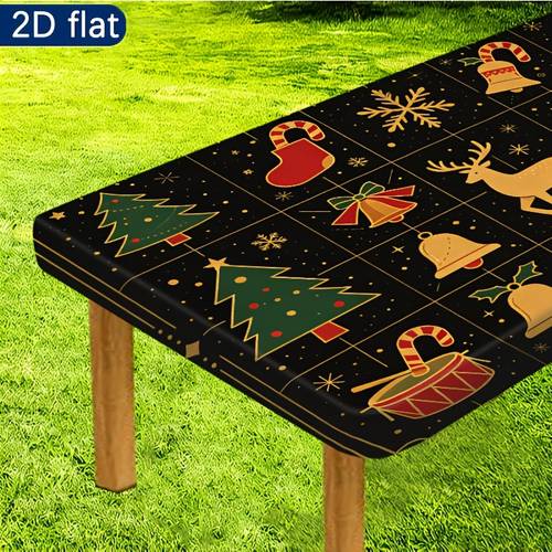 mantel elástico 2d, 1 pieza, con de de navidad dorado, de nieve, reno, campana, calcetín de regalo y estrella sobre , diseño festivo para interiores, exteriores, patio, pícnic, camping, , rectangular, 2d