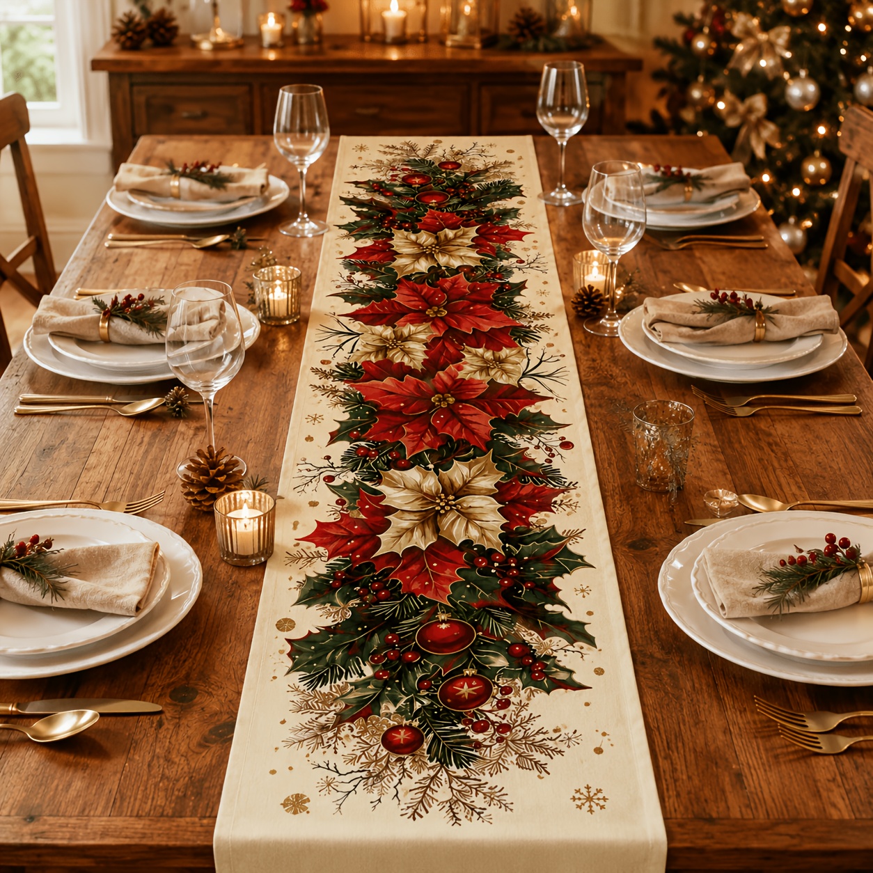 TEMU 1pc Vintage Christmas Red Flower Party Tablecloth, Christmas Red Flower Table Flag, 72x 11 Inch Winter Printed Polyester Fiber Table Flag, Very