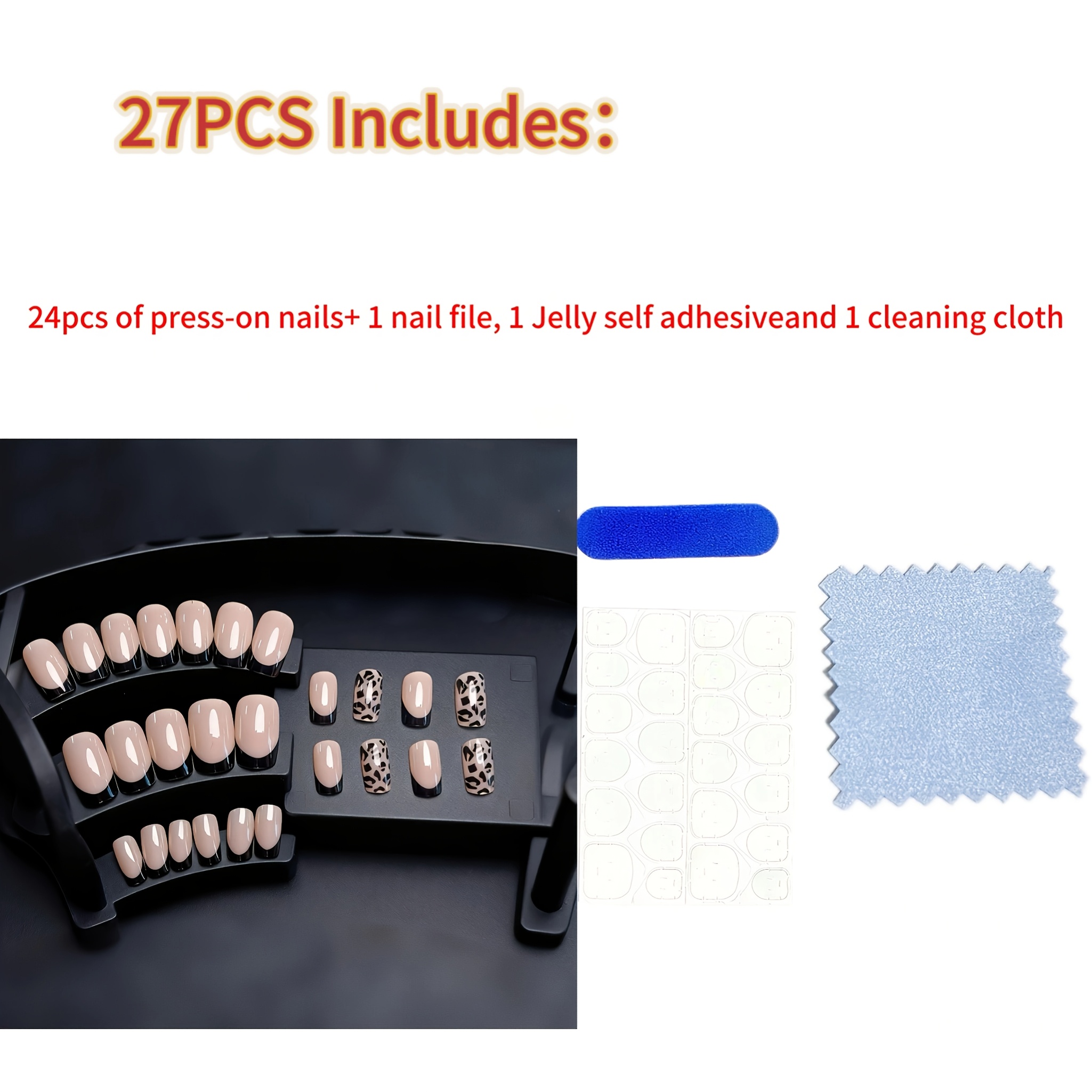TEMU 27 pièces contenant 24 extrémités d'ongles, 1 lime à ongles, 1 feuille de pastilles auto-adhésives en gelée et 1 chiffon de nettoyage) Faux