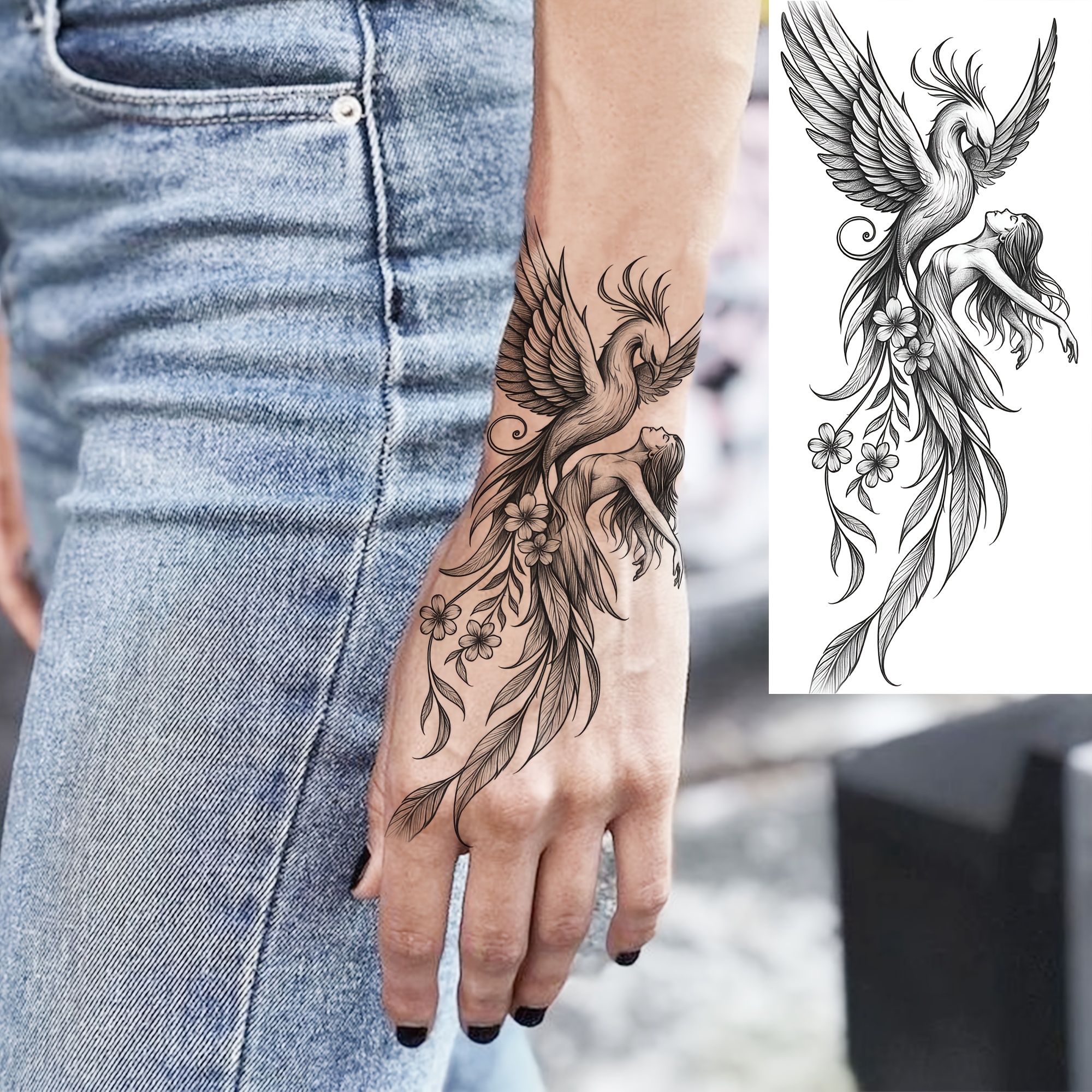A Temporary Tattoo Of A Phoenix For Men And Women, Suitable For Fingers, Ankles, Waist, Legs, Thighs, Forearms, And Calves. This Waterproof And Long-lasting Fake Tattoo Sticker Looks Very Realistic