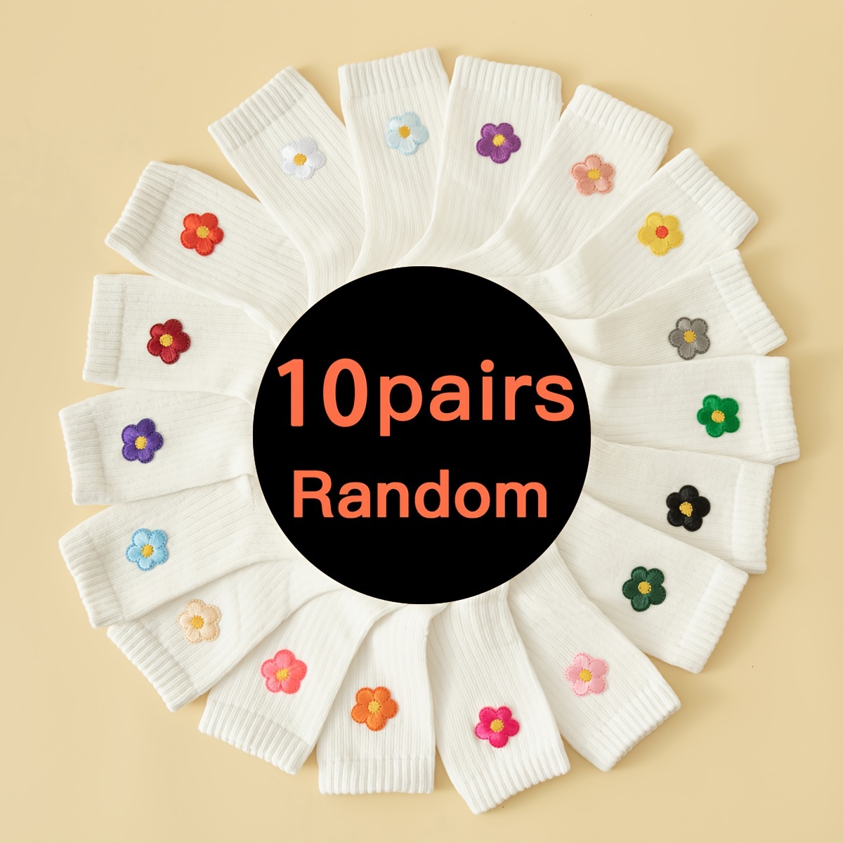 Image of Random 10 Pairs Of Girls' Socks, Colorful Small Flower Mid Tube Socks, Children's Spring And Autumn Easy Versatile Sports White Socks, Long Tube Socks Suitable For Matching With Small Skirts