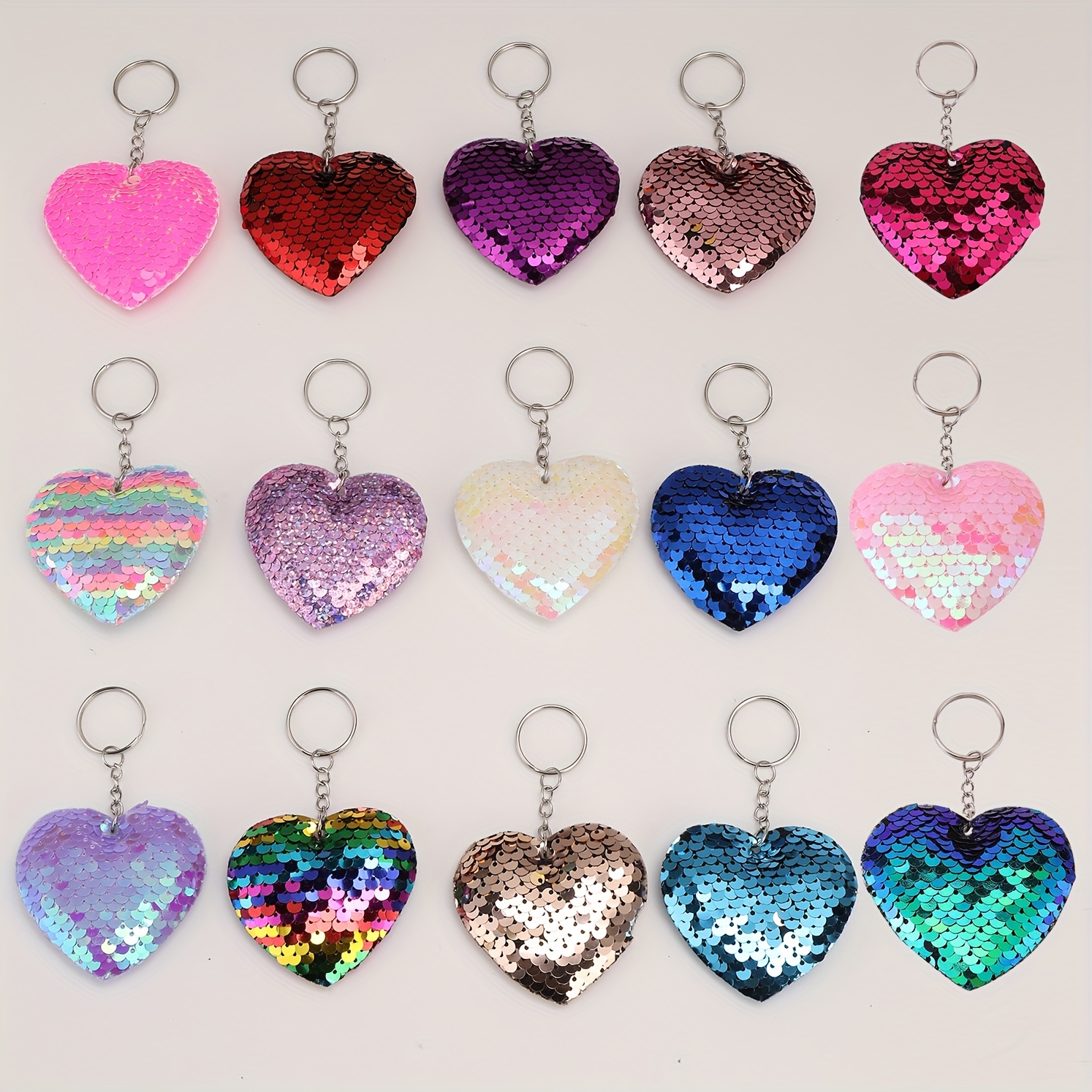 

15pcs Sparkling Sequin Heart Keychains - Double-sided , Cartoon Animal Charms For Bags & Backpacks - Perfect Gift For Birthdays & Holidays, Back To School, Party