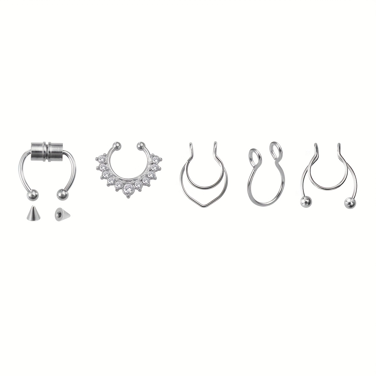 5pcs Mixed False Nose Ring Set, False Nose Ring Stainless Steel Nasal Septum Ear Additions, Fashionable Without Perforation
