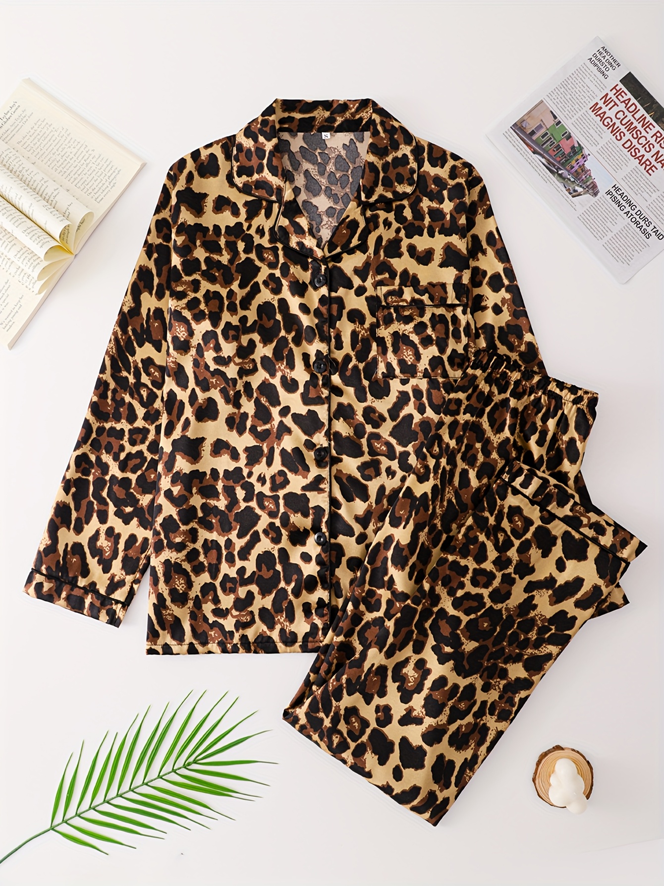 Women's Pajama Set Two-Piece, Spring and Autumn Imitation Silk Pajamas, Small Lapel Long-Sleeved Shirt Button Decoration, Elastic Waist Long Pants, Slightly Elastic Lazy Wear Set, Holiday Gift, Bestie Same Style Home Wear