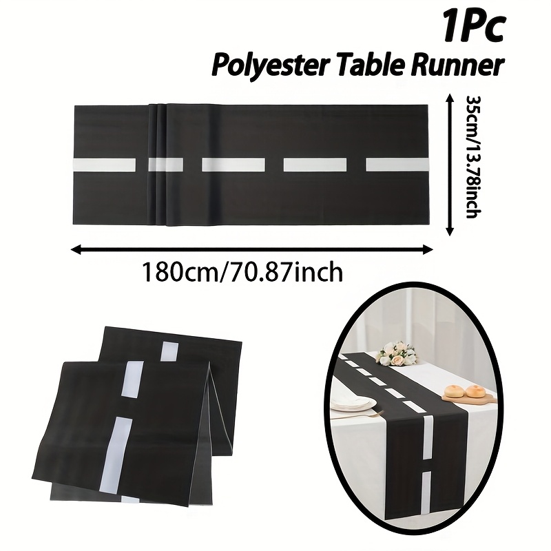 1 Race Table Runner, Black With Lines, Polyester Table Cover, Rectangular Design For Home & Decor