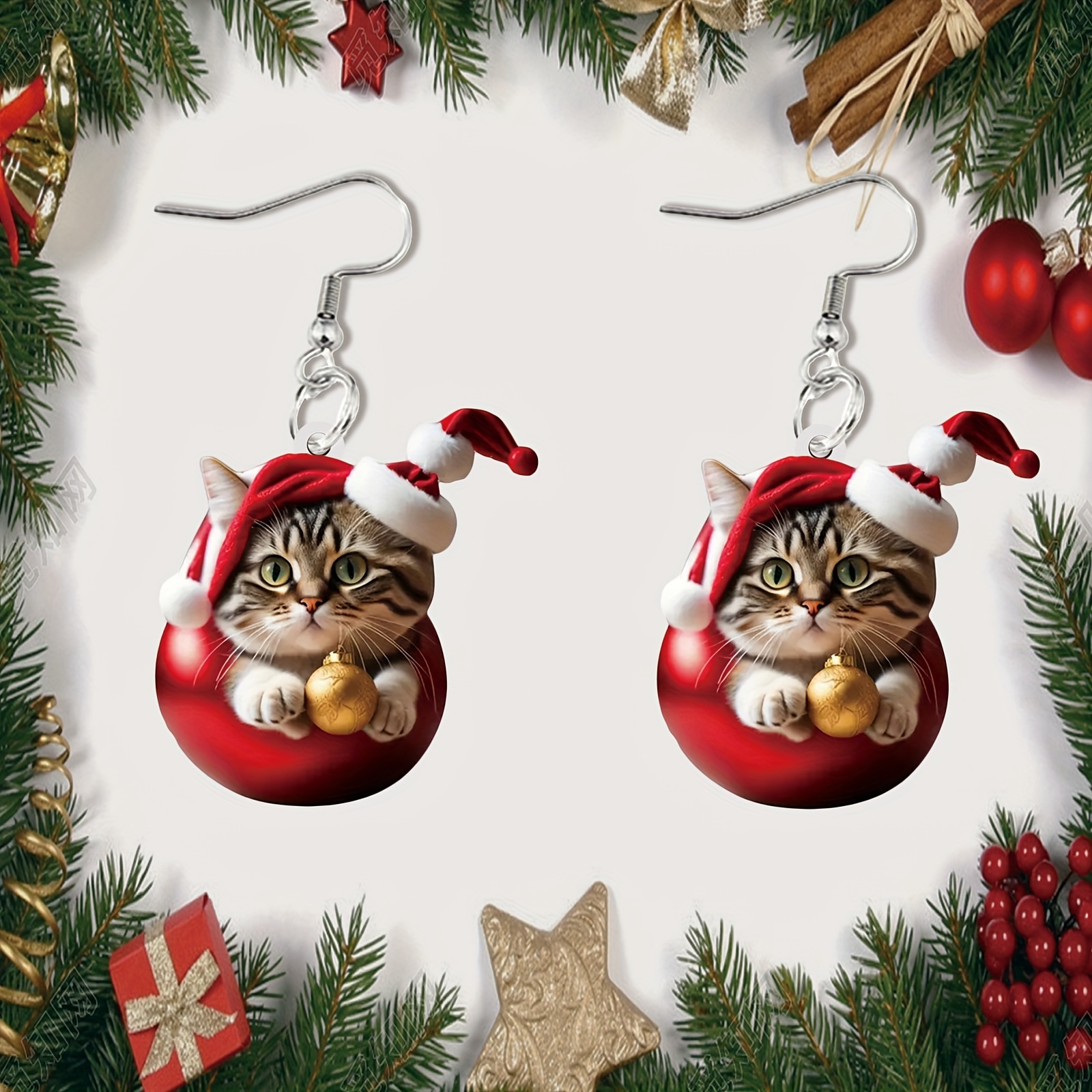 

Christmas Cat Earrings For Women - Acrylic Cartoon Cat With Santa Hat Dangle Earrings - Festive Holiday Party Accessories - Gift For Cat Lovers And Friends - 1 Pair