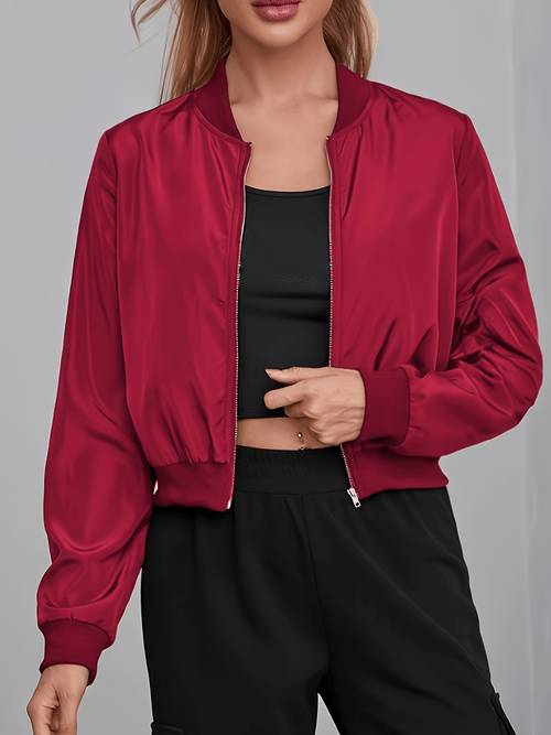 elegantna ženska jakna - ležerna od poliestera, pranje u stroju, jednobojna s bejzbol ovratnikom za proljeće/jesen