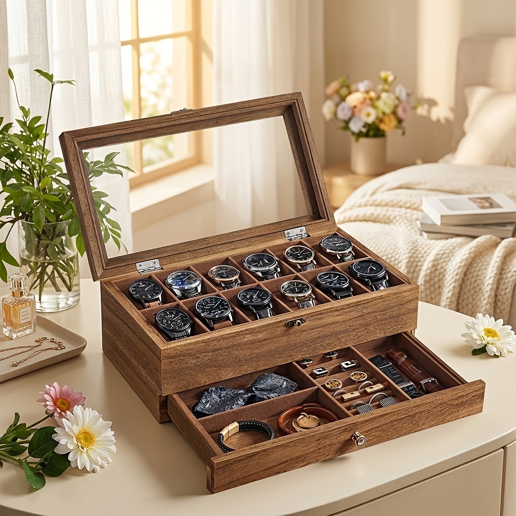 Image of 12-slot Solid Wood Watch Display Box With Glass Lid, Large Capacity Jewelry Organizer With Velvet Cushions, Premium Walnut End Storage Case Gift For Men Husband