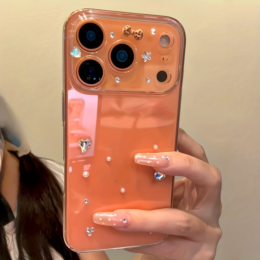Phone Case - Orange Leopard Prints Bow Rhinestone Heart Clear Phone Case Compatible With Iphone 17 Pro Max Air 16 15 14 13 12 11 Pro Soft Back Cover