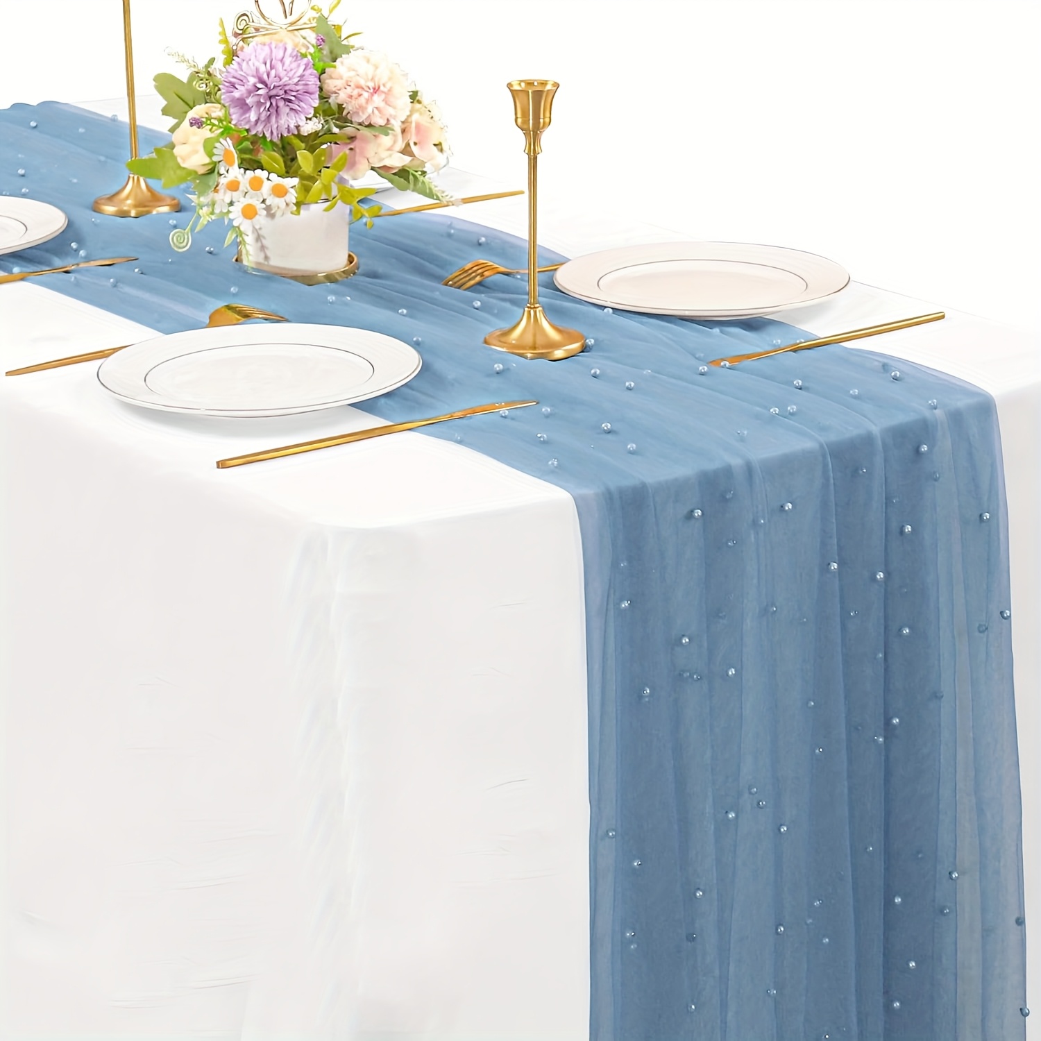 E-shop 10FT Perlen Tischläufer 32X120 Zoll Staubiger Tüll Stoff Boho Rustikale Transparente Tischläufer Spitzen Tischdecke für Hochzeit Brautparty
