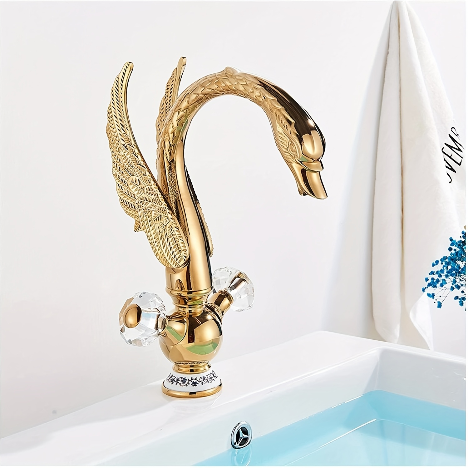 TEMU Robinet de Lavabo en Laiton Cygne Doré, Mélangeur d'Eau Chaude et Froide, Robinet de Salle de Bain à Montage Simple Trou (Chrome)