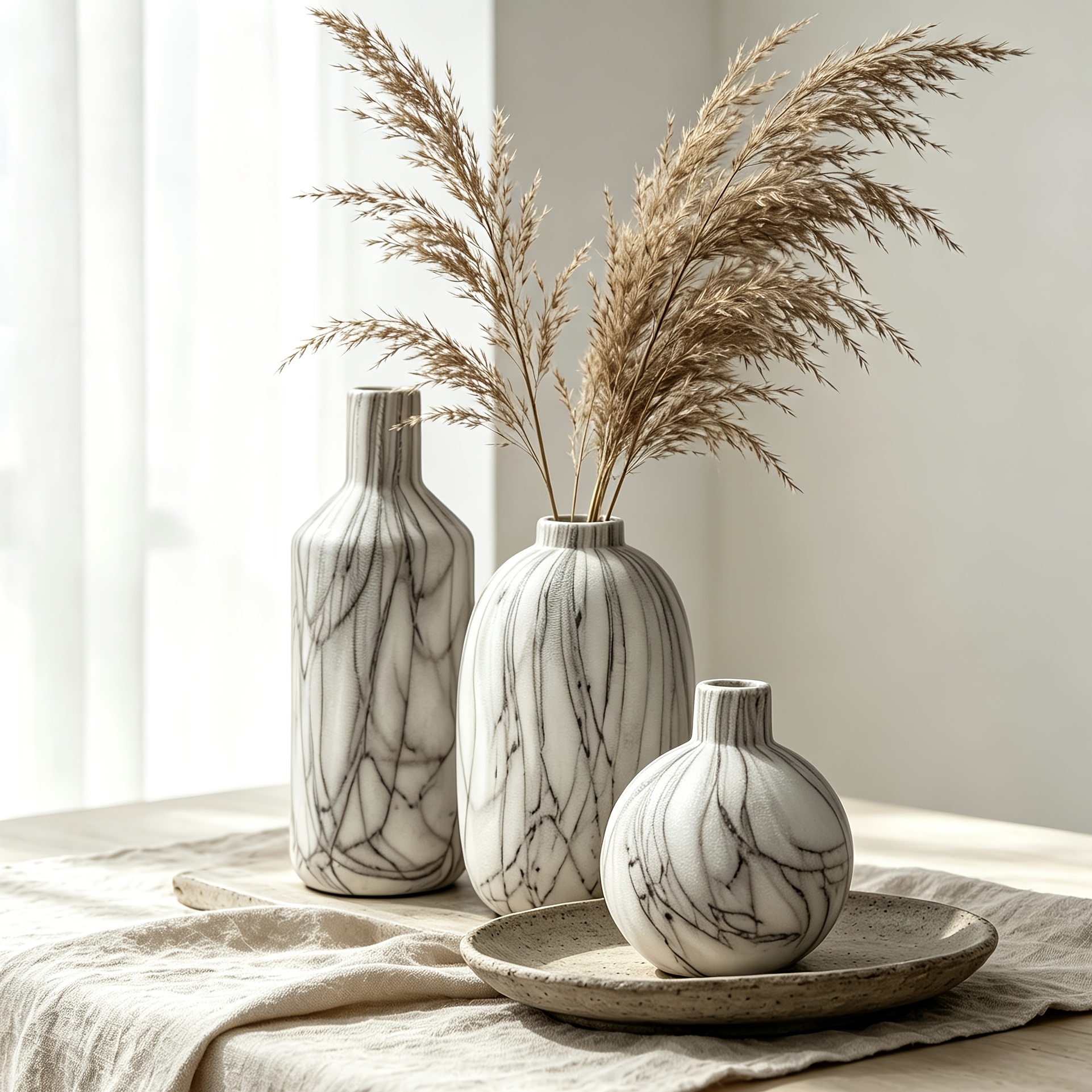3pcs Wood Grain/Stone Texture Ceramic Vase Set Wabi-Sabi Decorative Flower Pot Ornament Japanese Rustic Style Desktop Home Resident B&B Soft Decoration Dried Flower Arrangement Floral Art All-Match Premium