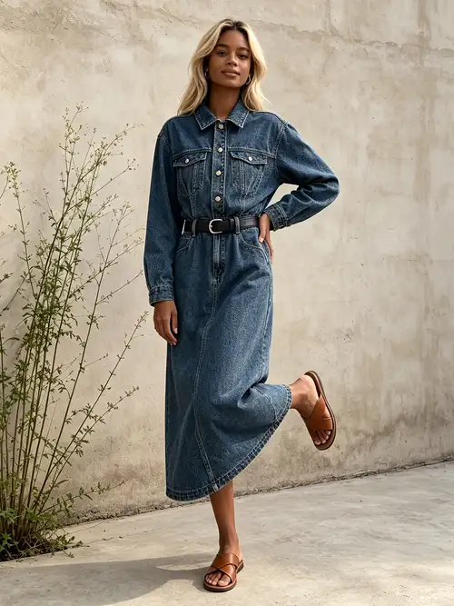 vintage long denim dress women Western Vintage Denim Maxi Dress Long Sleeve Side Slit Jean Shirt Dress