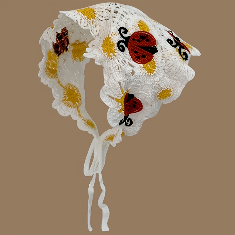 E-shop Handgefertigtes Boho-Häkelkopftuch für Damen – Verstellbare Schleifenverschluss, Marienkäfer & Gänseblümchen-Blumenmuster, Mehrfarbiger