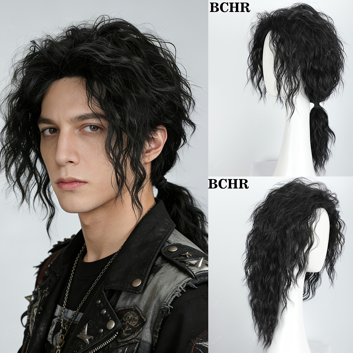 mens   disco 70s 80s rock star cape long curly hair black synthetic wig heat resistant high temperature fiber comfortable and breathable   cap 20 inches suitable for themed parties halloween cosplay stage performances