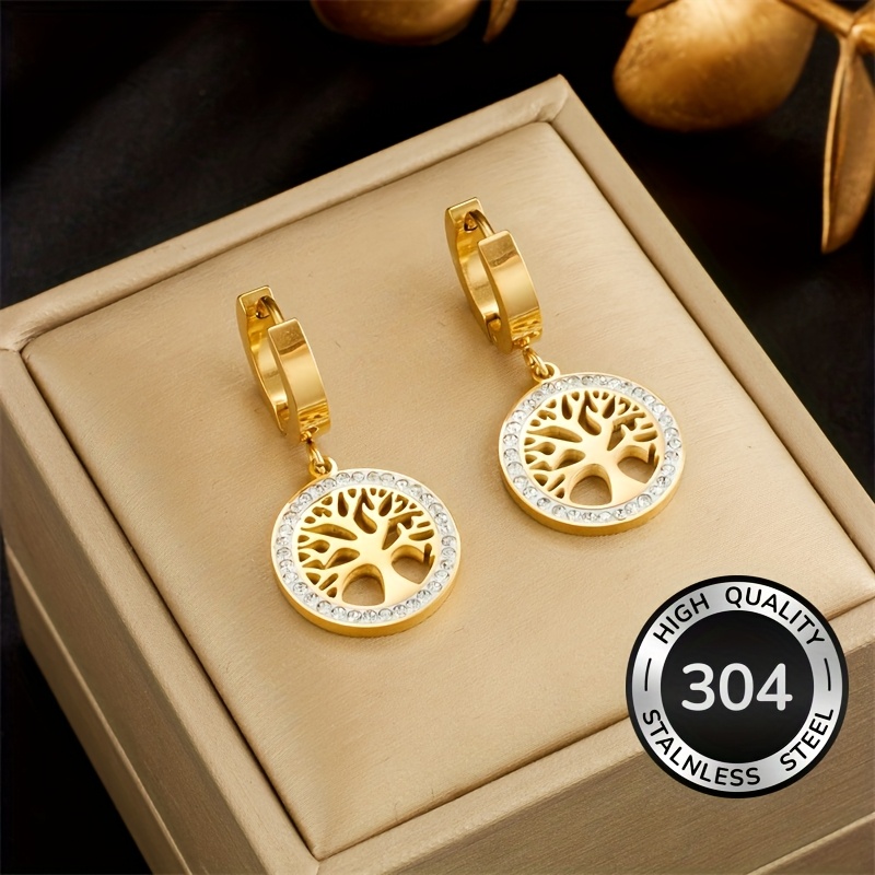 Image of 304 Stainless Steel Tree Of Life Earrings With And Inlaid Glass, Fashionable Classic Women's Jewelry Gift
