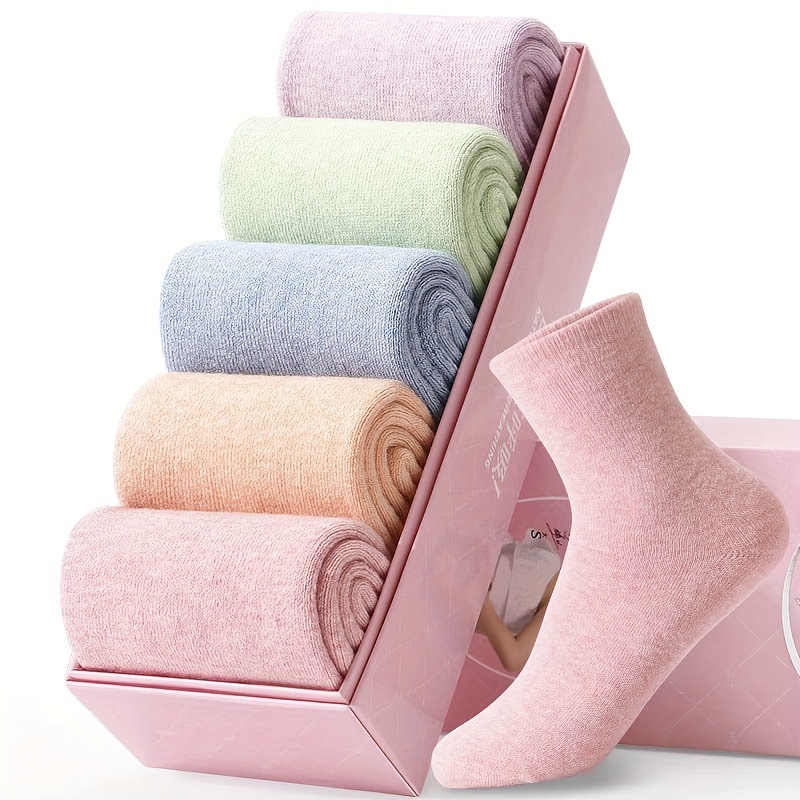 

5pairs Thickened Warm Socks With Velvet Mid-calf Fleece Warm Long Socks Autumn And Winter Towel Socks-one-size