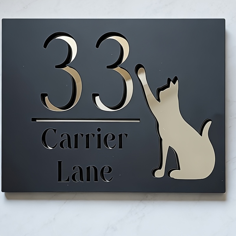 E-shop Personalisiertes Hausnummernschild mit Katzenmotiv – Doppellagiges Acryl-Adressschild mit selbstklebender Rückseite, geeignet für den