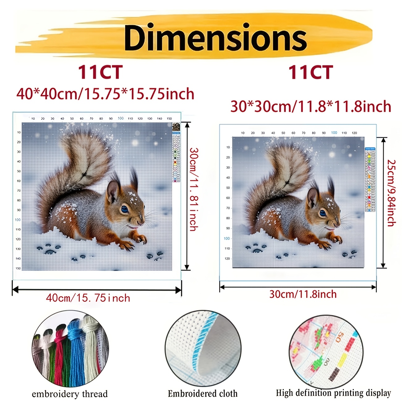 DIY Cross-Stitch Printed Kit, Squirrel in Snow with Snowflakes