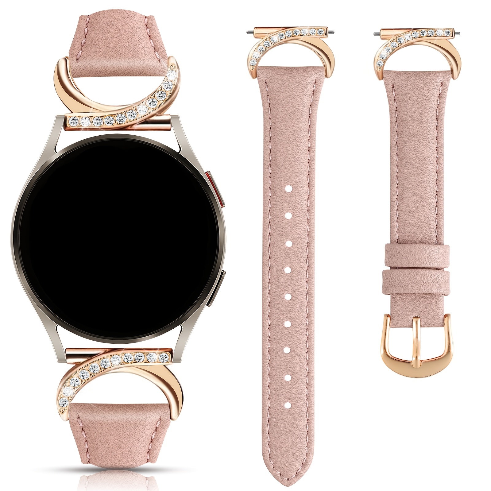 

Elegant Pink Genuine Leather Watch Band Compatible With Samsung 7/6/5/4, 20mm Slim Designer Strap With - Interlocking For Women, Watch Strap