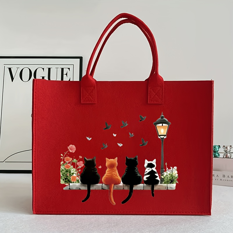 E-shop Große Filz-Tragetasche - Design mit vier Kätzchen, praktische Pendler-Handtasche, Einkaufstasche, stylische Reisetasche, leichte schicke