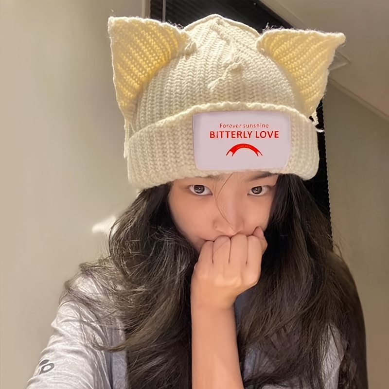 TEMU Western Niche Design Individual Cat Ear Couple Knit Hat Label Cute Warm Autumn Winter Men Women Hat Christmas Gift