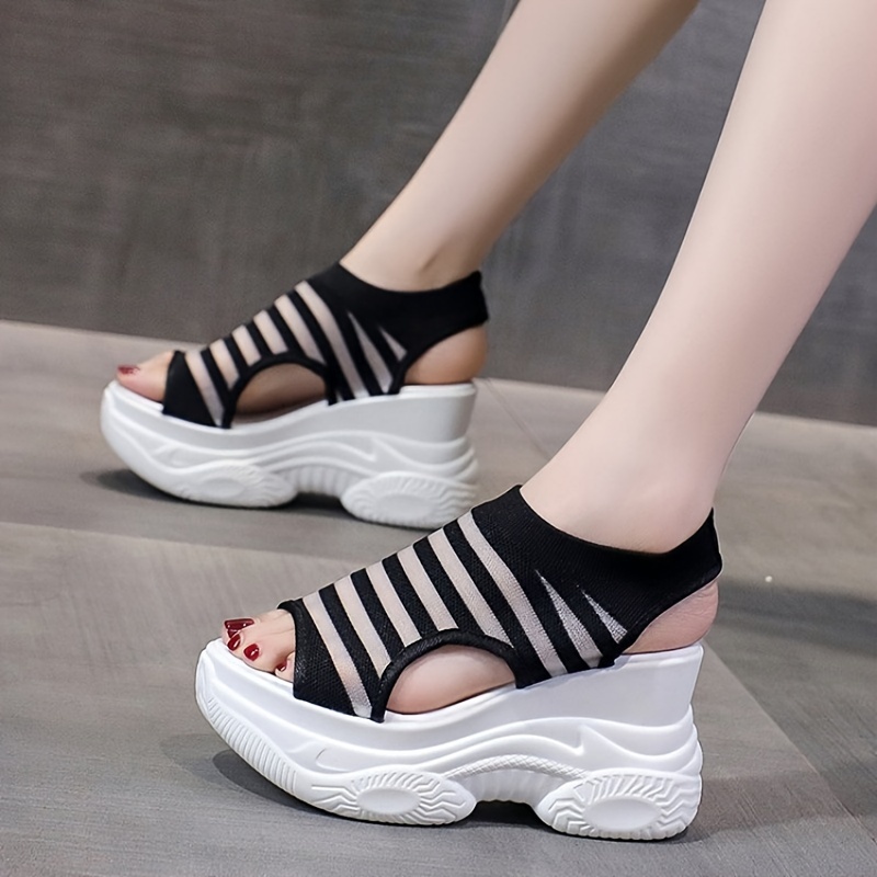 

Women's Knitted Platform Sandals, Breathable Soft Sole Side Hollow Out Shoes, Casual Wedge Sporty Fashion Footwear