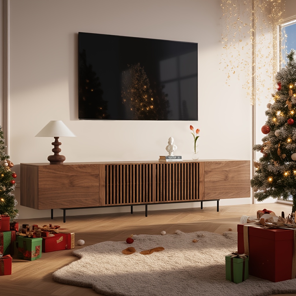 Oleylucklive Modern Tv Stand For 75-inch Tvs - 6-drawer & Open Shelf Entertainment Center, Solid Wood & Metal Frame, Walnut Finish, 240cm Wide, Storage For Living Room, Easy Assembly