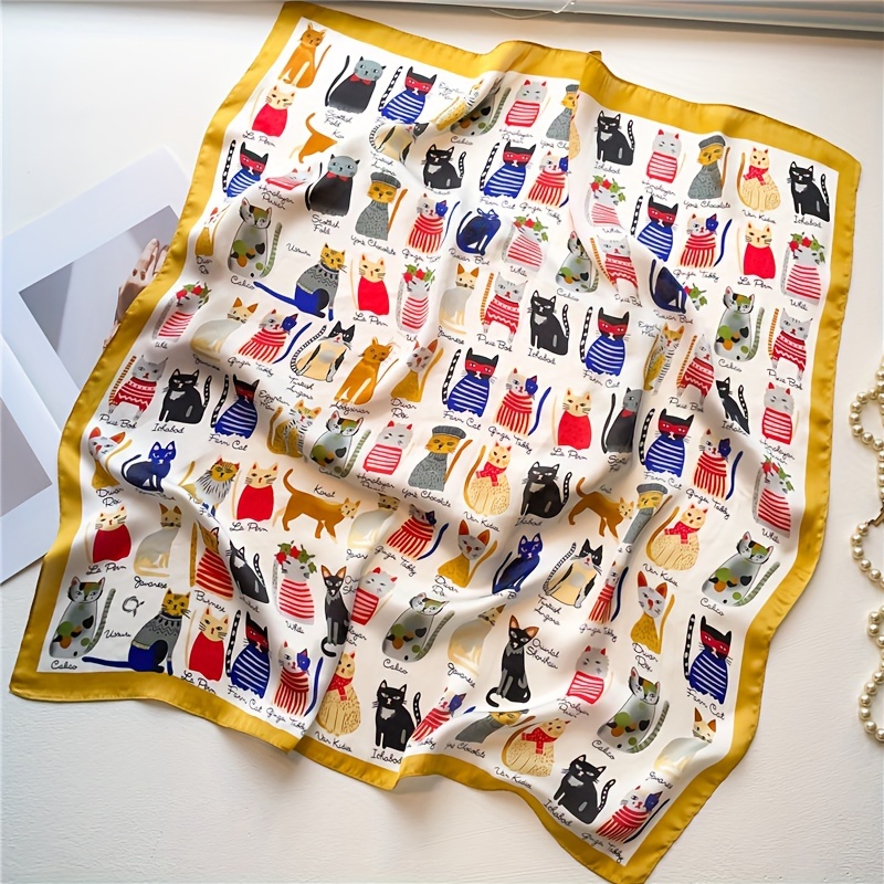

Cartoon Cat Print Silky Smooth Square Scarf: Soft Collar, Lightweight Shawl For Men Women, Fashionable Satin Handkerchief