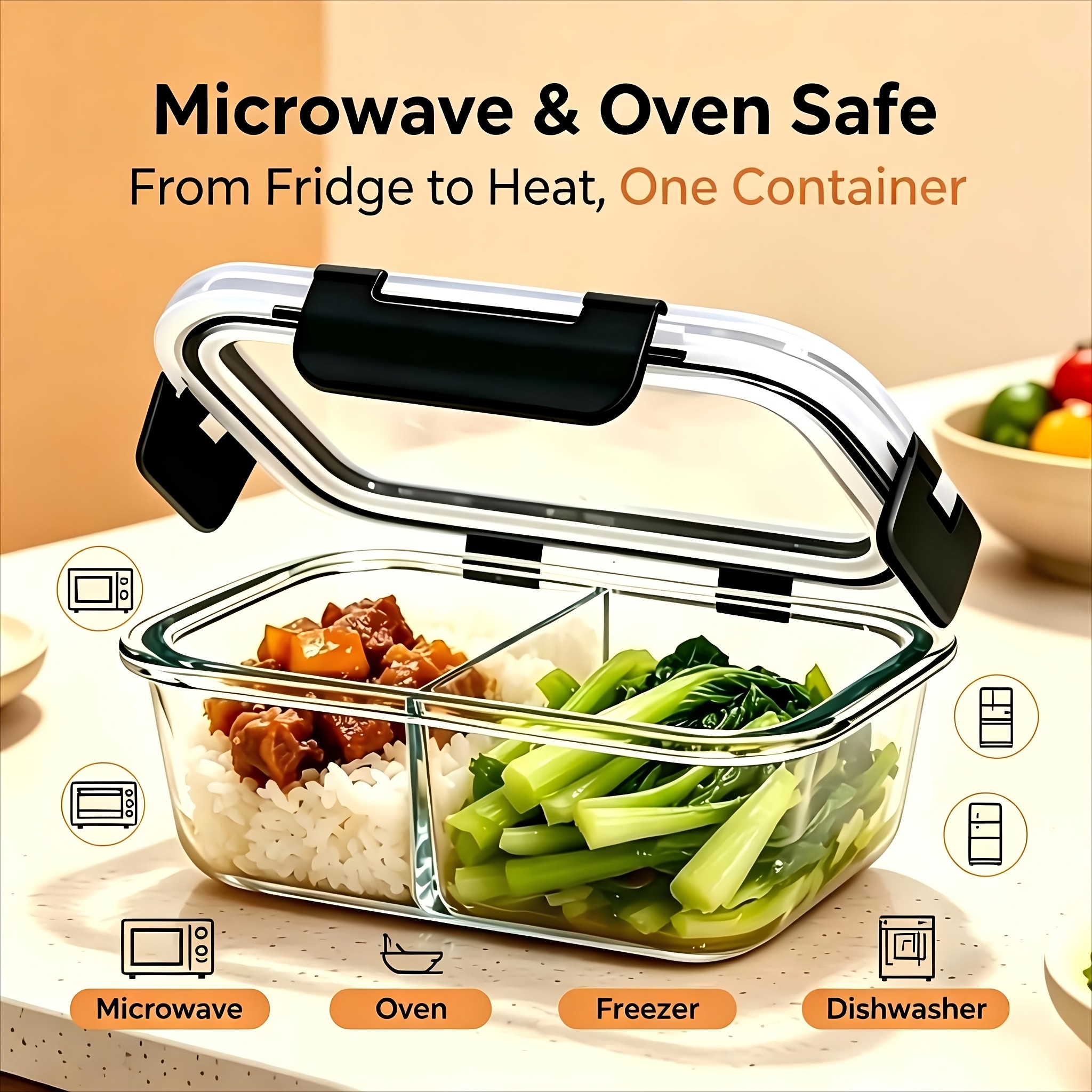 TEMU 2-compartment Snap-lid Glass Food Container With Dividers, Microwave-safe Leak-proof Bento Box, Sealed Meal Prep Container For Home And Office