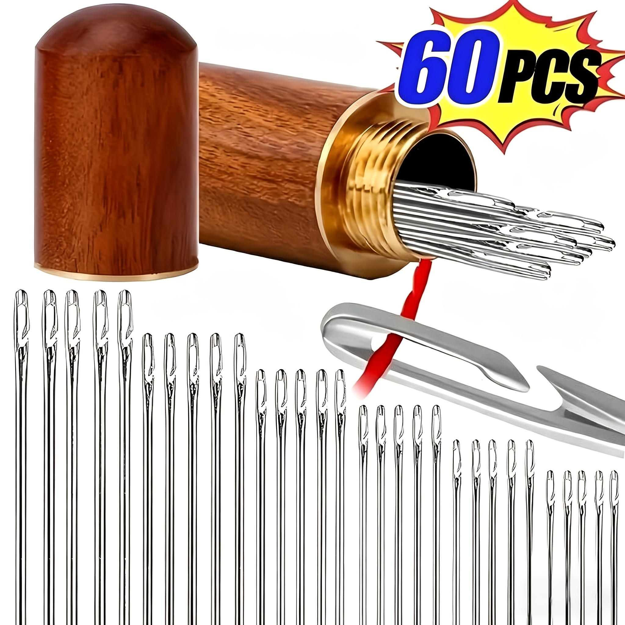 Image of Set Of 60 Easy-to-thread Sewing Needles, Suitable For Elderly People, Made Of Stainless Steel With Automatic Threader - Silvery Gray