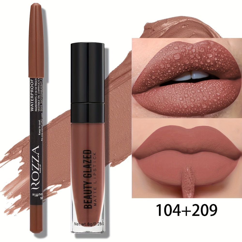 Image of 2pcs/set Matte Lipstick And Wooden Lipliner, Lip Combo, Suitable For Makeup, Waterproof, Long-lasting Without Tingling, Suitable For Beginners, Dating Makeup, Daily Commuting