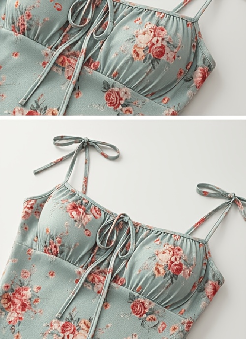 Women'S Stylish Floral Print Midi Nightgown with Thin Straps, Open Back, Tie Bow, And Ruffled Mermaid Design