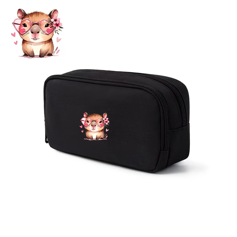1pc cartoon printed double layer   case wearing heart shaped   glasses accessory pink   cute capybara with     stationery storage bag lightweight and portable pencil box suitable for office