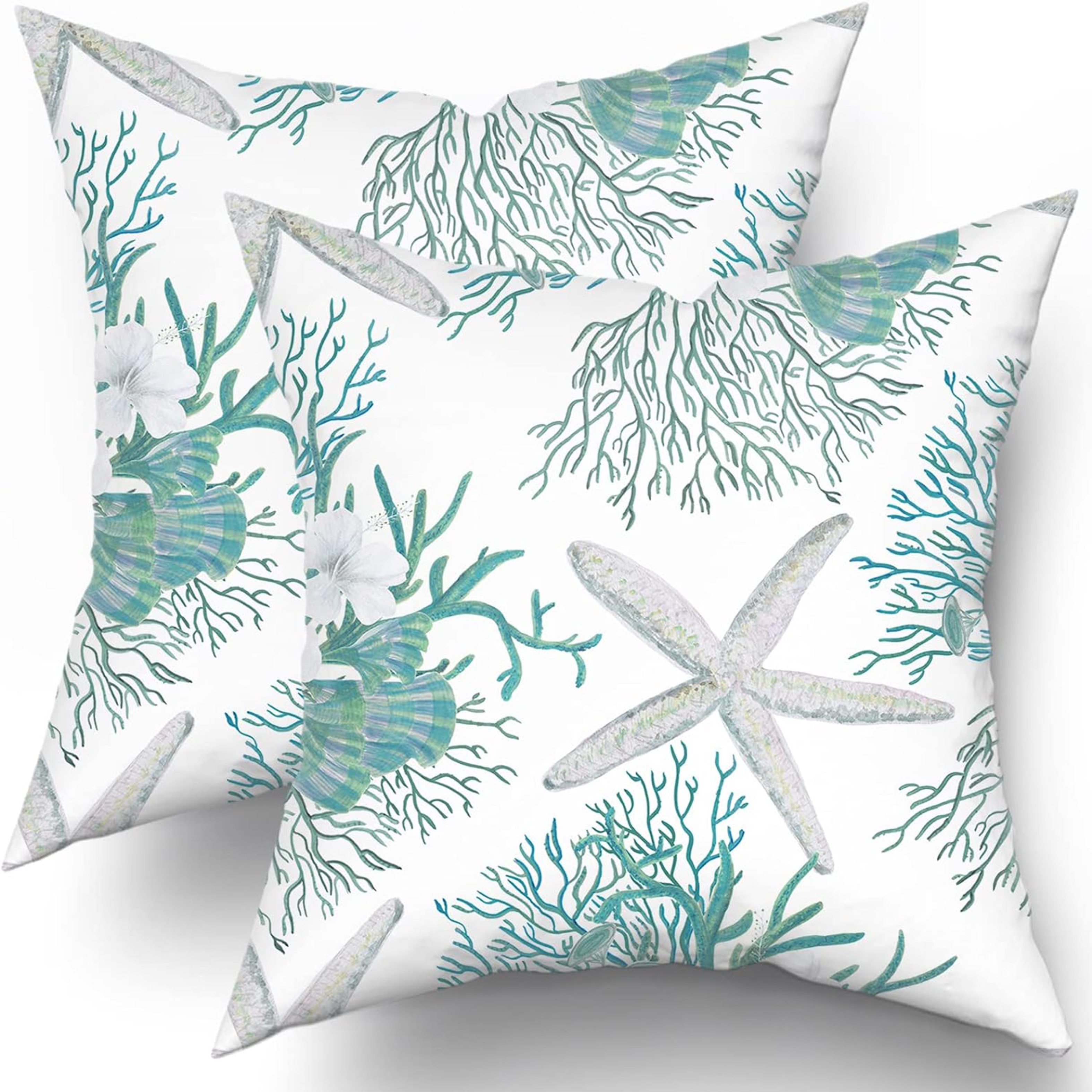 

2pcs Nautical Coastal Throw Pillow Covers - Teal Seashell, Coral & Starfish Design | Polyester, Zip Closure | Machine Washable | Living Room, Bedroom & Outdoor Decor