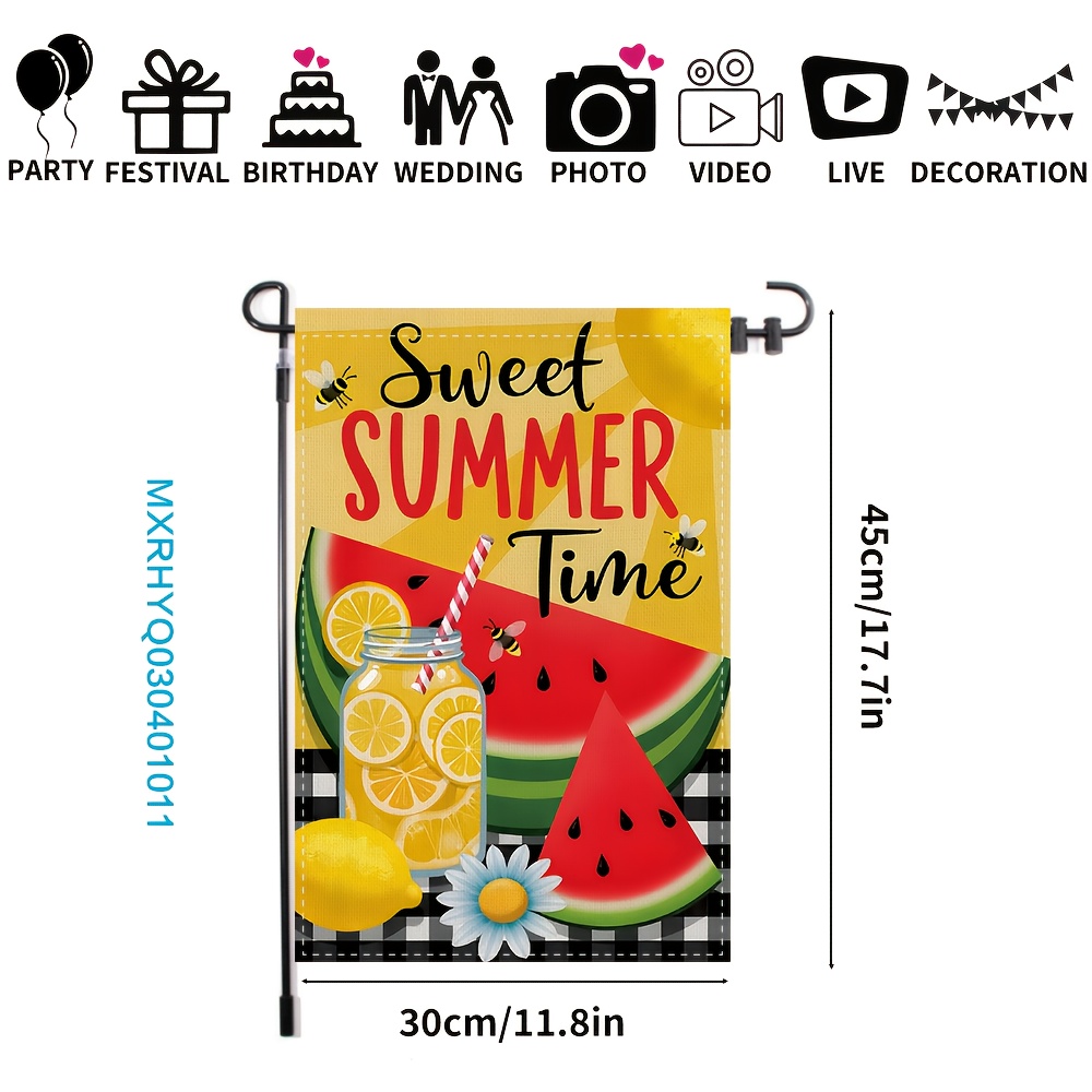 TEMU 1pc Summer Hello Garden Flag, 11.8x17.7 Inch Double-sided Polyester Beach And Yard Decor, Watermelon, Fruit, Fashion Glasses, Swim Ring, Summer