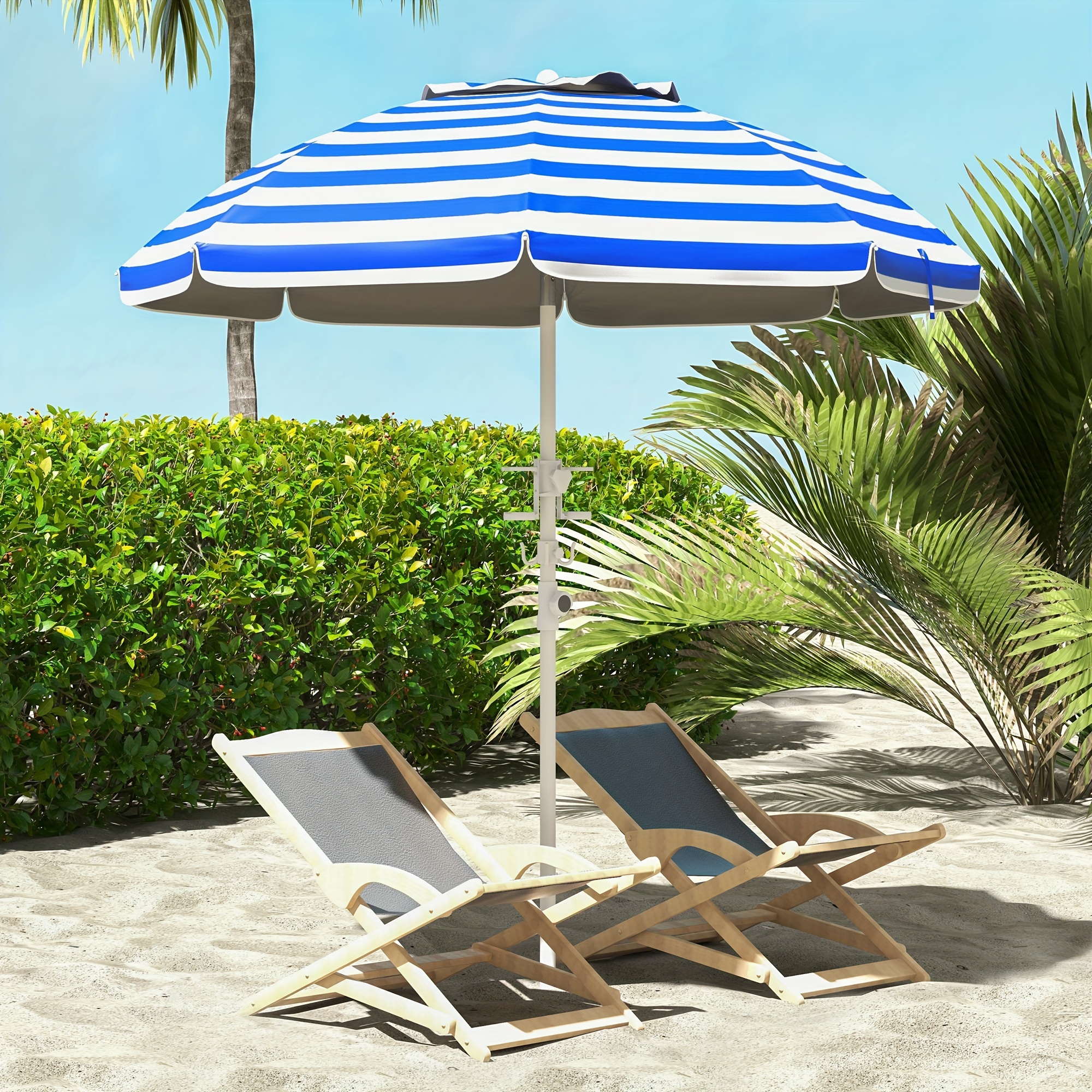 

Outsunny 5.7' Portable Beach Umbrella With Tilt, Adjustable Height, 2 Cup Holders & Hooks, Uv 40+ Outdoor Umbrella With Vented Canopy, Blue White Stripe